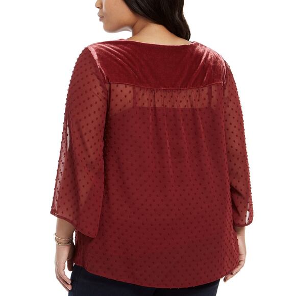 NEW Style & Co Red Swiss Dot Velvet Yoke Sheer Top Plus Size 2X Eyelet Floral - Picture 2 of 6